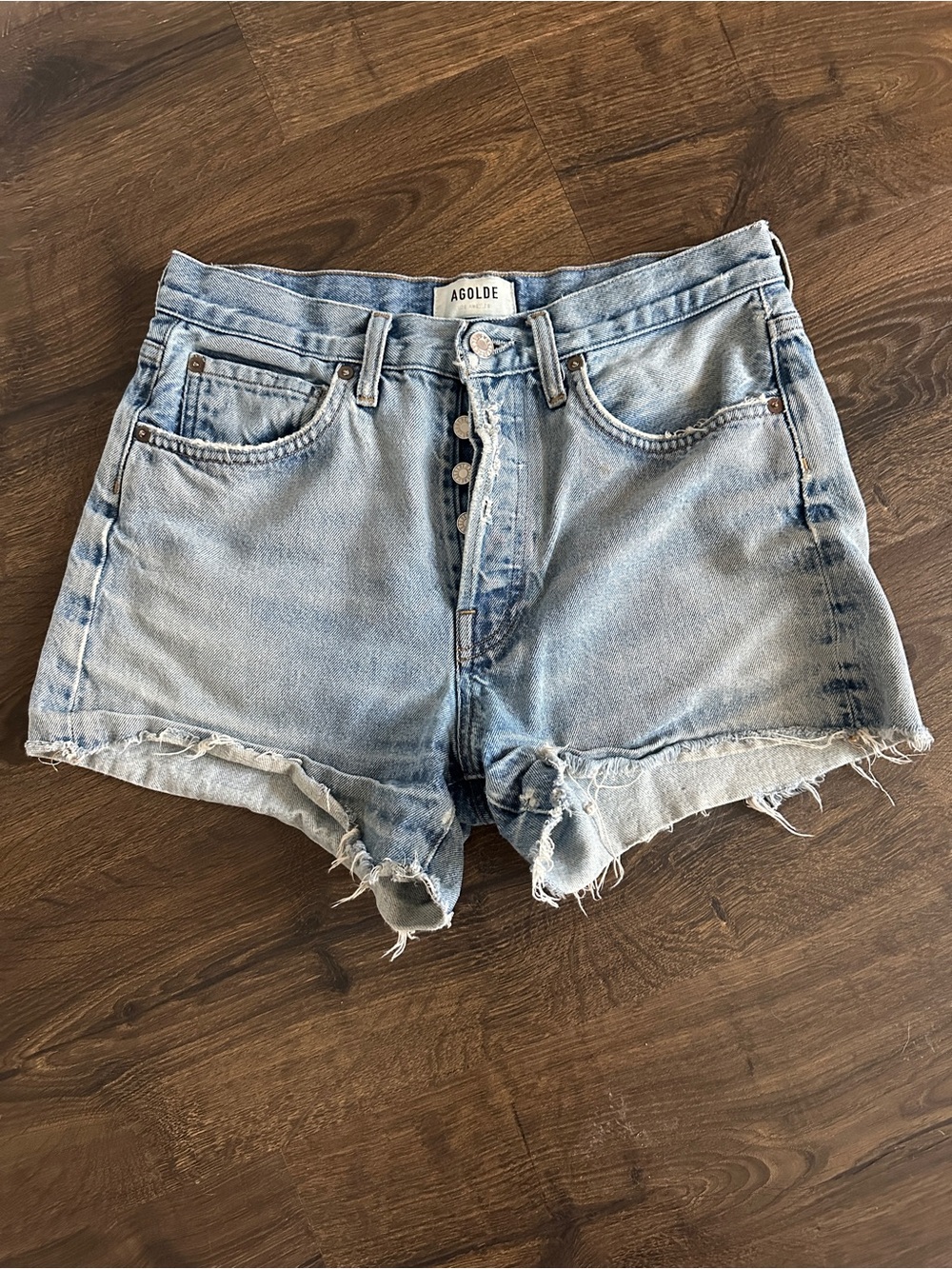 Agolde Parker Long Vintage Distressed High-Rise Denim Shorts